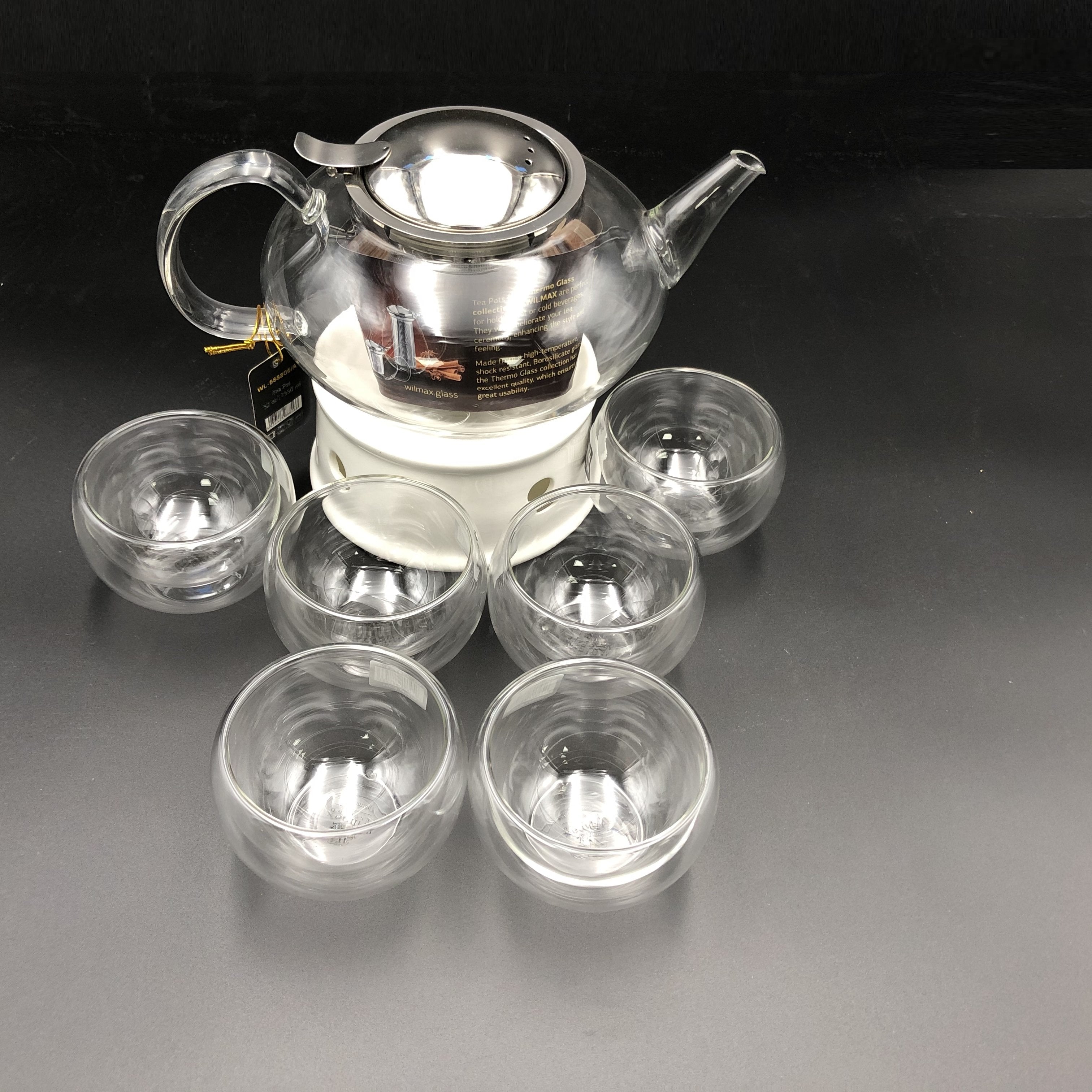Large Asian Tea Thermo Set w/ 6 Bowls & Porcelain Warming Stand