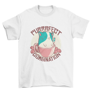 Cute Cat in Pink Mug T-Shirt: "Purrrfect Combination" Graphic Tee