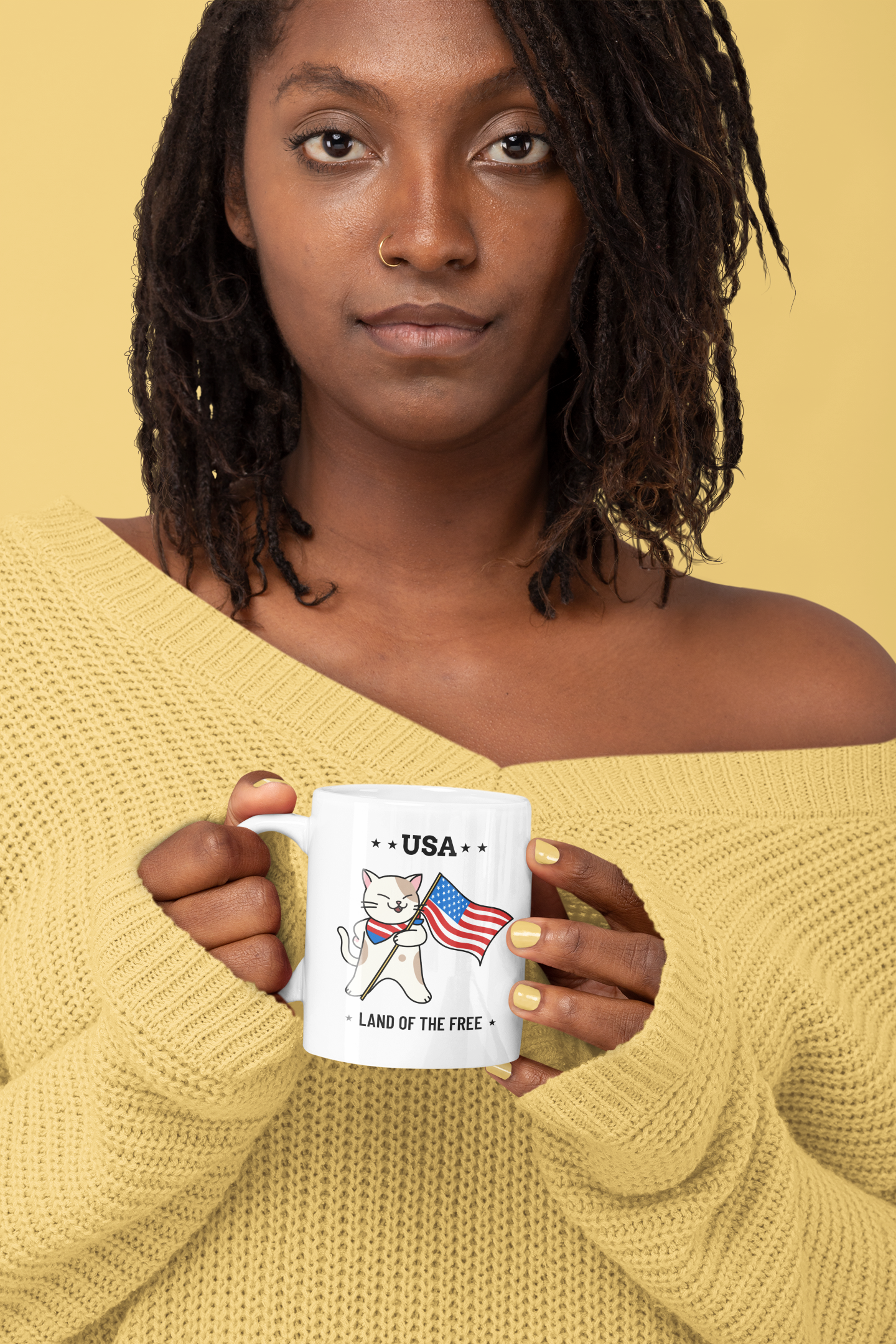 USA Land of the Free Patriotic Mug | Durable Ceramic | Yellow Pandora