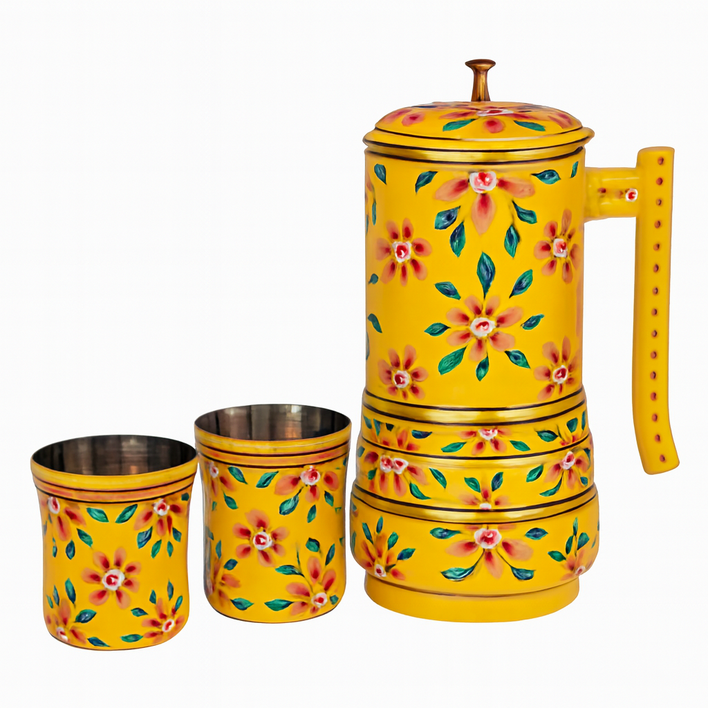 Hand-Painted Metal French Press Coffee Set – Yellow Floral Design with
